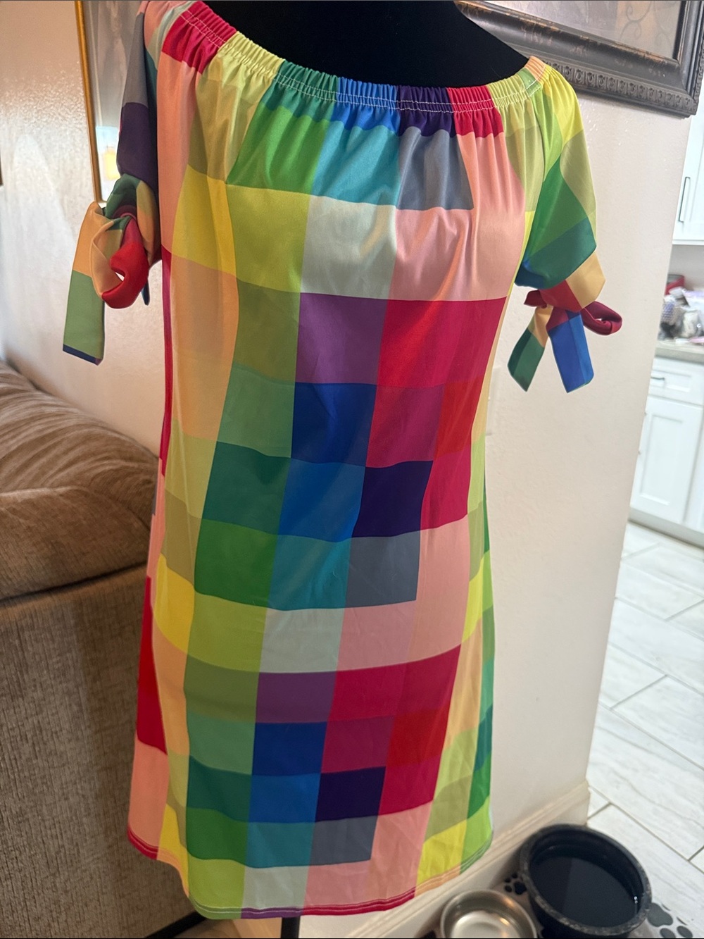 Multicolor Checkered Off-Shoulder Women’s Dress